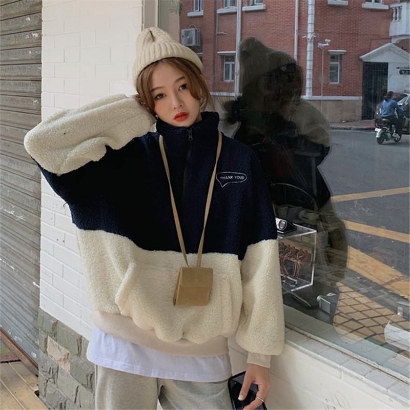 Real shot real price ~ zipper design pocket loose color matching letter embroidered lamb hair warm sweater
