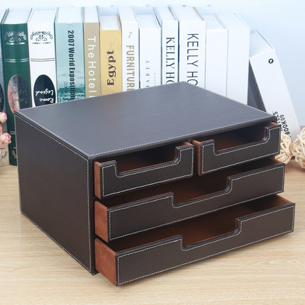 丽然 皮革桌面收纳盒 木质 抽屉多功能 创意 A4文件 柜 韩国