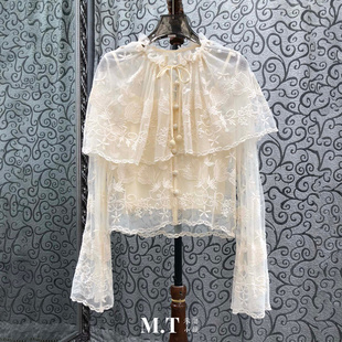 上衣L25 飘逸薄纱刺绣领系结透视短款 米兰小镇南油高版 本欧货法式