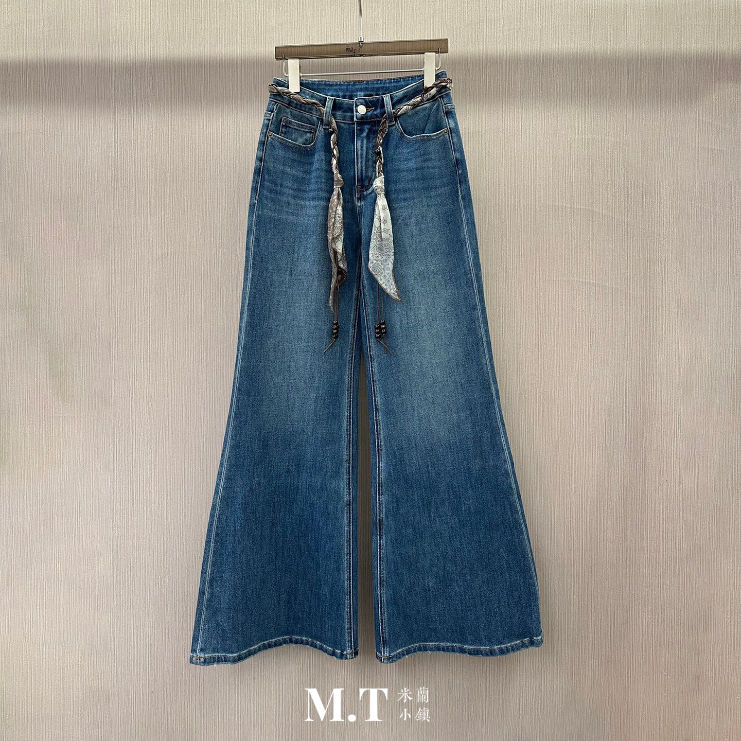 X米兰小镇南油高版小腰果丝巾串珠腰带水洗异域风牛仔喇叭长裤I6