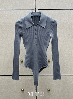 米兰小镇南油高版本欧货灰色坑条弹力紧身连身翻领半开扣针织衫L5