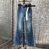 米兰小镇南油高版 本钻钻蝴蝶扣腰带复古水洗喇叭显瘦牛仔长裤 A28
