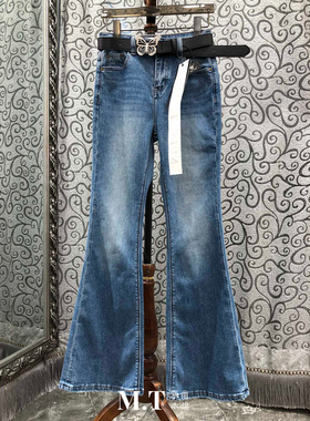 米兰小镇南油高版本钻钻蝴蝶扣腰带复古水洗喇叭显瘦牛仔长裤A28
