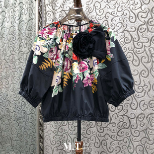 米兰小镇南油版 立体花朵上衣B28 欧货彩色繁花锦簇宽松套头泡泡袖