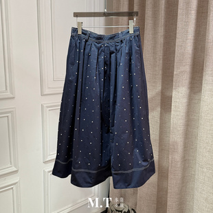 现货特价 明线腰头多褶显瘦烫钻A字百搭伞半身裙 米兰小镇南油高版