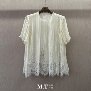 现货特价米兰小镇南油版本法式柔美百褶下摆蕾丝套头短袖气质上衣