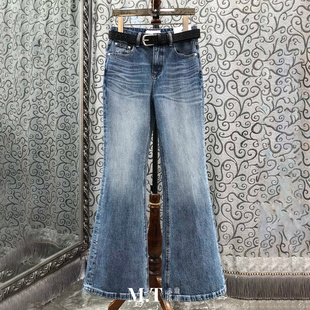 米兰小镇南油高版本镂空雕花皮腰带毛须纹水洗显瘦牛仔喇叭裤A31