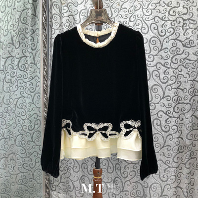 米兰小镇南油版本优雅气质撞色下摆蝴蝶结圆领丝绒套头上衣女A21