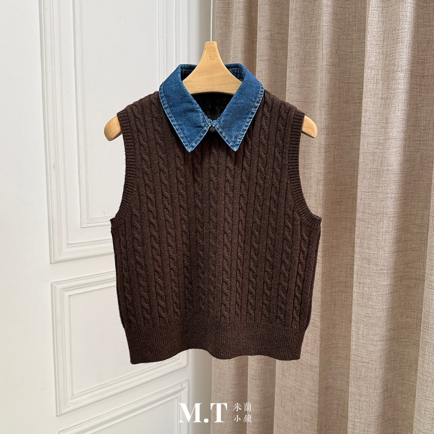 现货特价米兰小镇南油假两件牛仔翻领麻花编织肌理针织无袖小背心