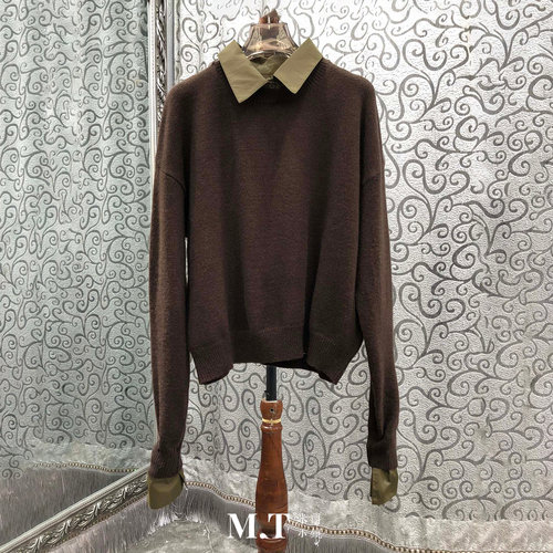 米兰小镇南油高版本假两件衬衣小翻领高智百搭落肩针织毛衣女K28