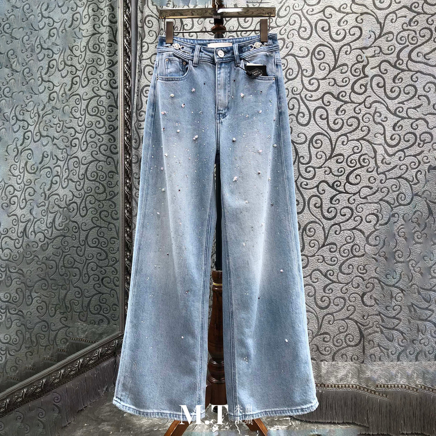 米兰小镇南油版重工烫钻珍珠点缀双膝水洗磨白高腰牛仔直筒裤A10,女装/女士精品,牛仔裤,淘宝优惠券,粉丝福利购,淘宝优惠卷