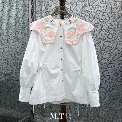 米兰小镇南油高版欧货披肩大翻领刺绣粉色花朵腰系带长袖衬衫C21