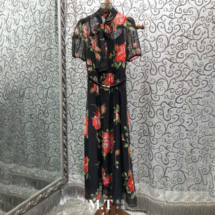 米兰小镇南油版 轻奢领系结轻透印花飘逸腰带连衣裙C27 本欧货法式