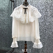 米兰小镇南油高版 欧富家千金荷叶蕾丝立领蝴蝶结喇叭袖 上衣女L1