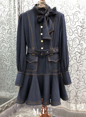 米兰小镇南油版本潮流时尚领系带长袖明线条纹腰带牛仔连衣裙I23