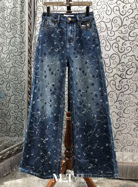 X米兰小镇南油版 个性迸射墨点提花宽松阔腿褪色磨白水洗牛仔裤L4