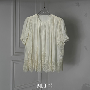 现货特价米兰小镇南油版本法式柔美百褶下摆蕾丝套头短袖气质上衣