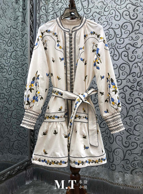 米兰小镇南油高版本欧货古典深沉小彩花刺绣腰绑带长袖连衣裙L27