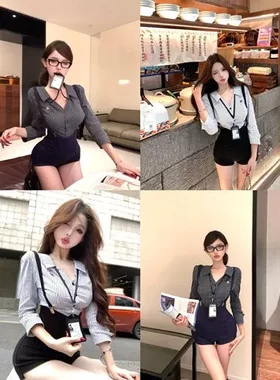 衬衫夏季长袖背带裤条纹穿搭套装学院风v领两件套黑色收腰女短裤