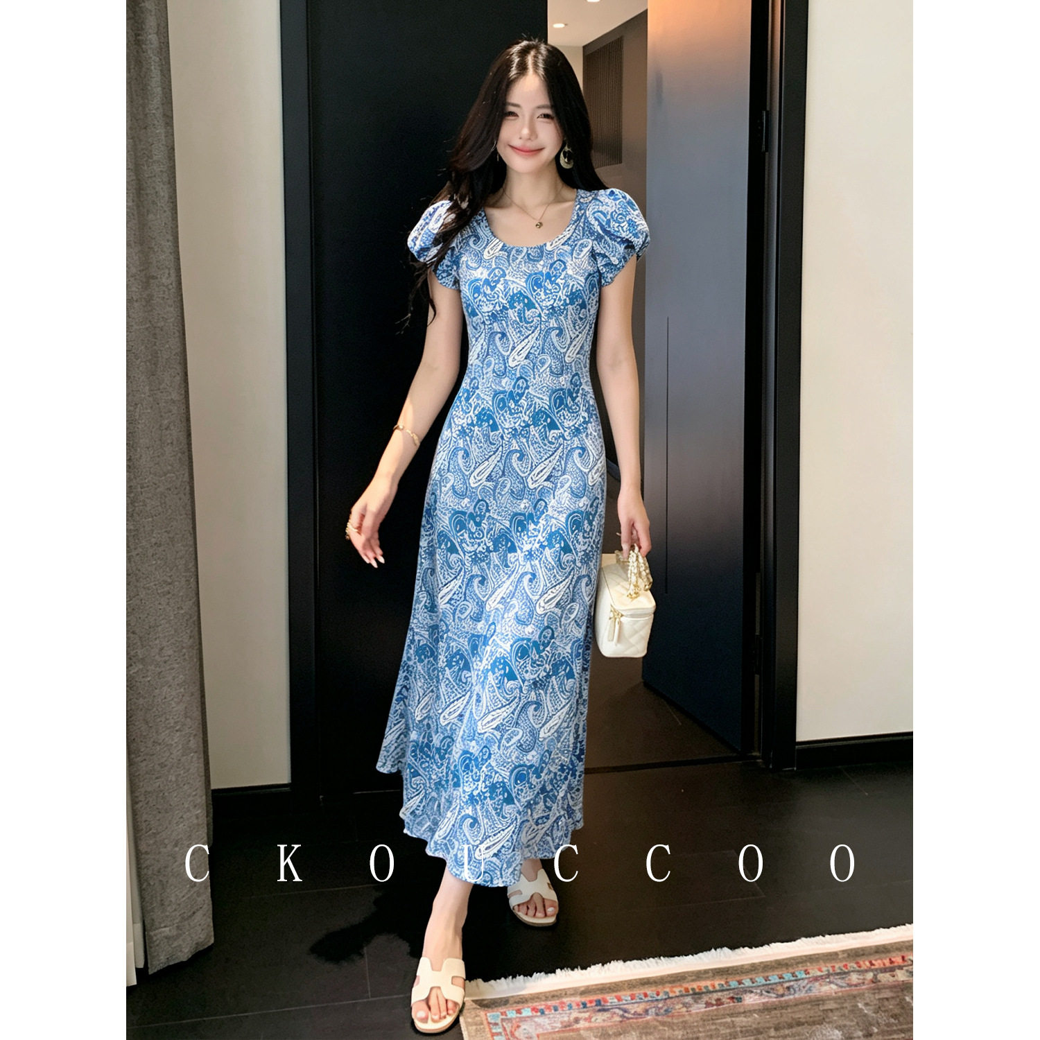温柔氛围感蓝色印花晕染泡泡袖真丝连衣裙女时尚桑蚕丝长裙夏