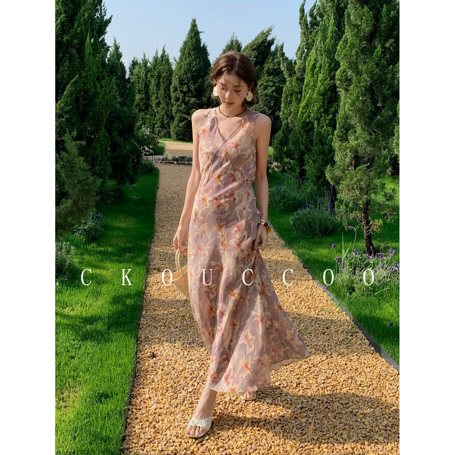 浪漫西西里碎花桑蚕丝真丝吊带连衣裙女V领系带收腰凉感a字裙
