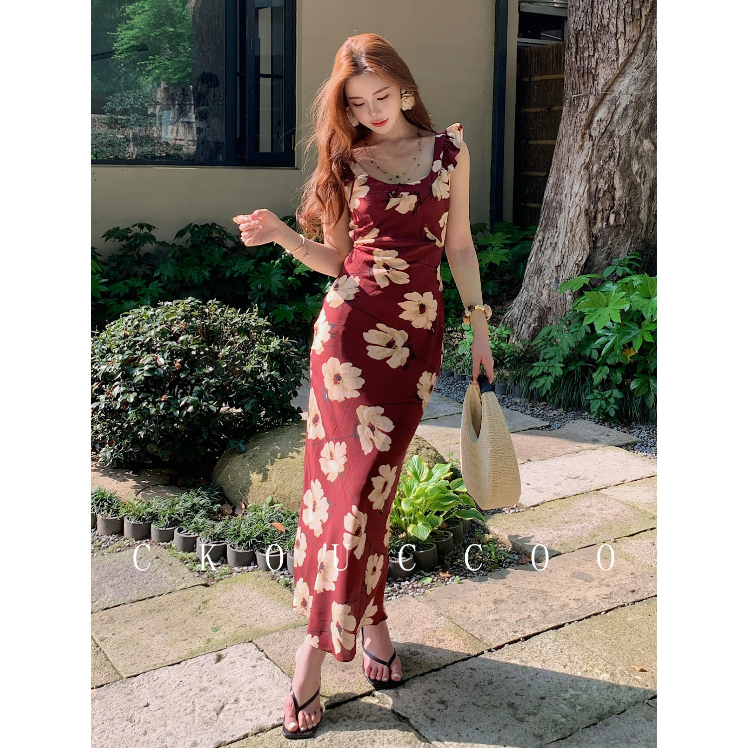 荣太清冷风印花桑蚕丝真丝吊带连衣裙女荷叶边圆领修身垂感A字裙