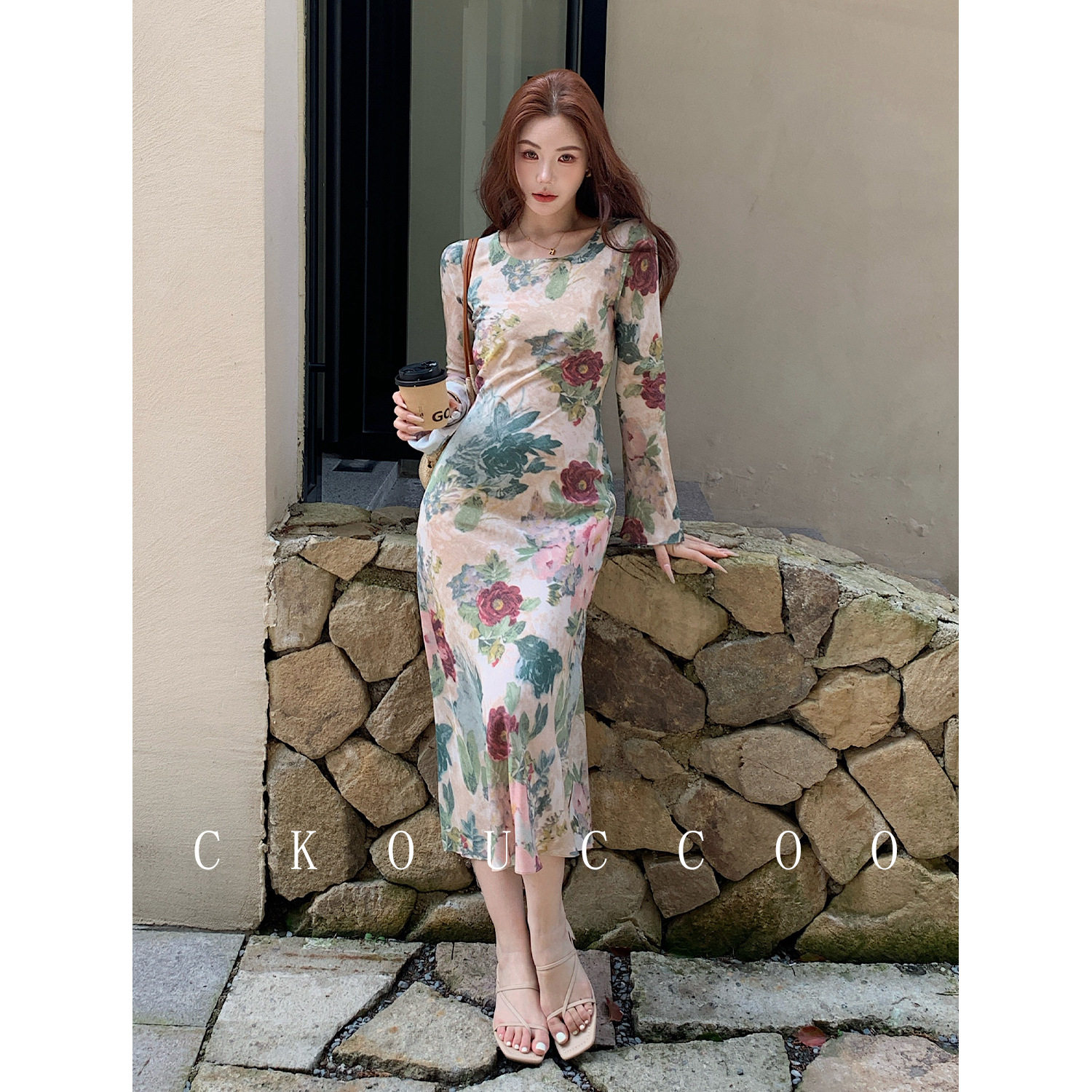 氛围感蔷薇斜裁喇叭袖真丝连衣裙女撞色温柔风桑蚕丝鱼尾长裙