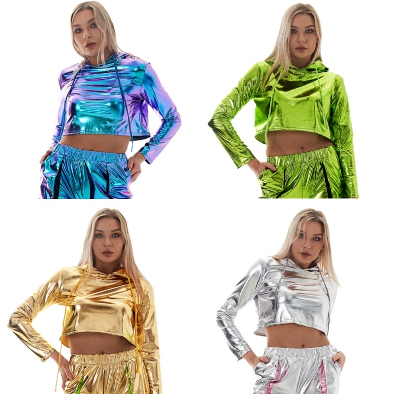 女士银色漆皮短款露脐T恤爵士舞表演服亮皮连帽卫衣宽松长袖上衣,女装/女士精品,民族服装/舞台装,淘宝优惠券,粉丝福利购,淘宝优惠卷