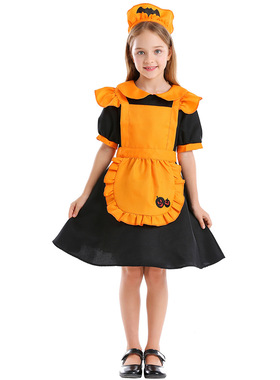 万圣节儿童橙色南瓜女仆装城堡女佣cosplay蝙蝠装女童连衣裙围裙