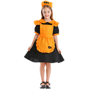 万圣节儿童橙色南瓜女仆装城堡女佣cosplay蝙蝠装女童连衣裙围裙