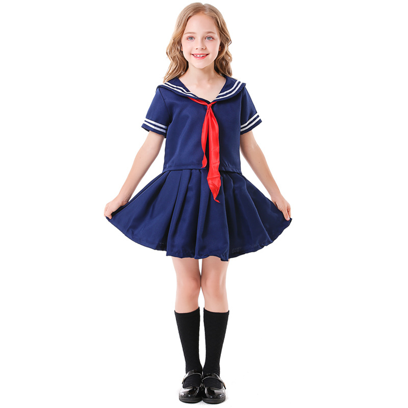 儿童日系动漫风JK学生制服女孩深蓝色水手服可爱短袖上衣百褶短裙