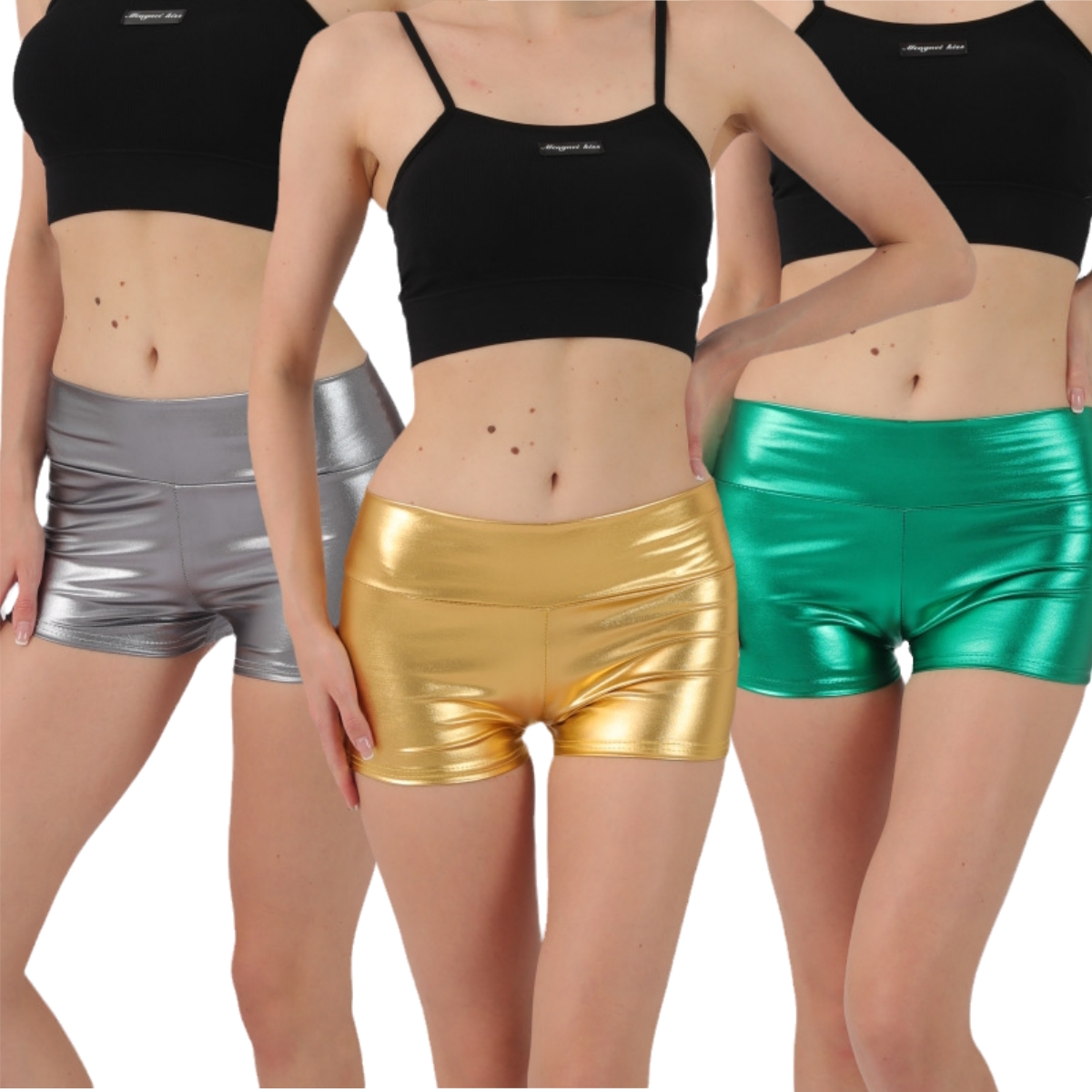 女士漆皮高腰性感紧身短裤啦啦队爵士舞蹈表演服装金色仿皮三分裤