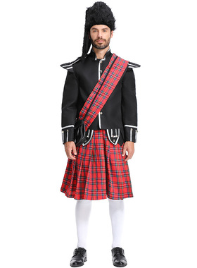万圣节男士英国士兵cosplay演出服苏格兰方格裙仪仗队红格子短裙