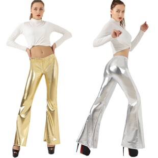 长裤 性感街头风微喇修身 表演服 高腰涂胶仿皮裤 女士金色漆皮喇叭裤