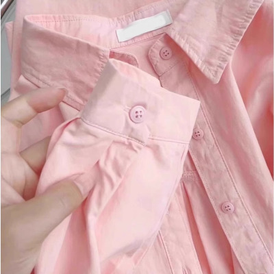 多巴胺甜美粉色纯棉薄款长袖衬衫