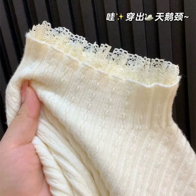 绝美蕾丝半高领针织衫女秋冬新款修身显瘦内搭毛衣打底衫保暖上衣
