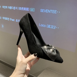 新款 水钻蝴蝶结细跟尖头工作鞋 女2023秋季 奇点高跟单鞋 一脚蹬shoe