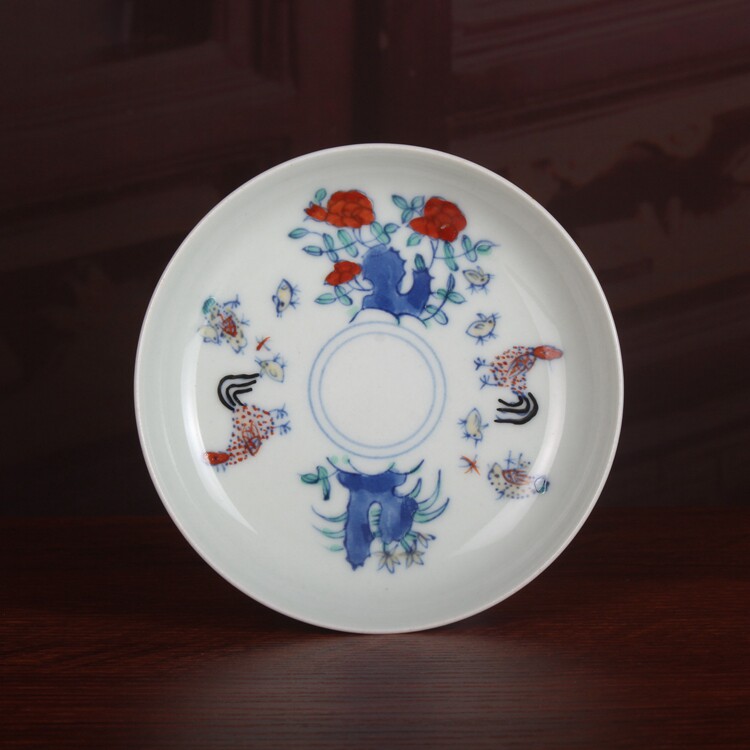 仿古手工手绘明成化青花斗彩鸡纹小碟子杯托古玩古董陶瓷器收藏品