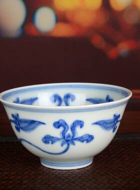 柴窑明成化青花手绘宝莲花茶杯主人杯古玩古董陶瓷器仿古茶具收藏