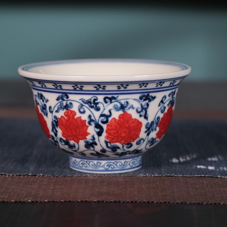 红旗瓷厂稀土青花釉里红缠枝莲压手杯景德镇陶瓷器古董收藏品古玩