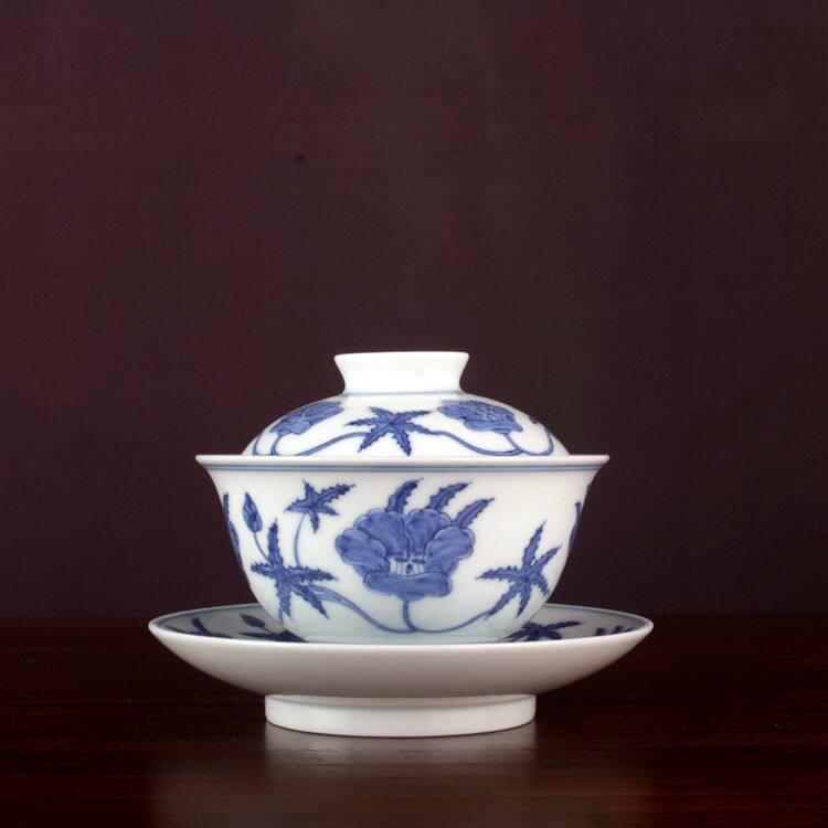 成化青花景德镇手绘秋葵盖碗主人杯复古品茗茶杯古玩陶瓷器