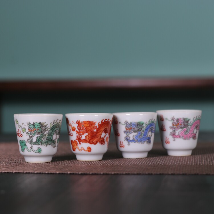 同治粉彩红绿手绘龙纹小号茶杯一口酒杯古玩古董陶瓷器仿古瓷收藏