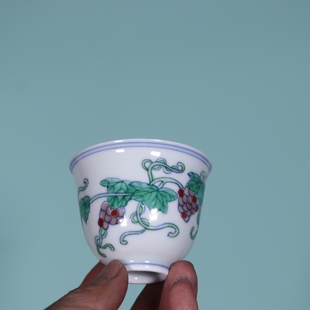 明成化青花斗彩手绘葡萄纹茶杯景德镇陶瓷器古玩董茶具复古收藏品