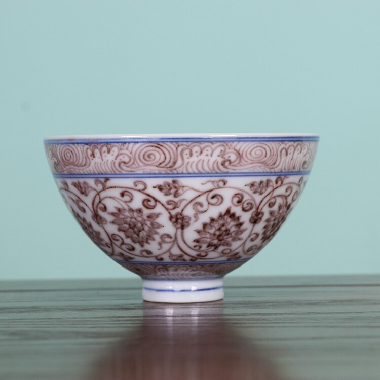 明永乐釉里红手绘缠枝莲大号鸡心杯景德镇陶瓷器古玩董茶具收藏品