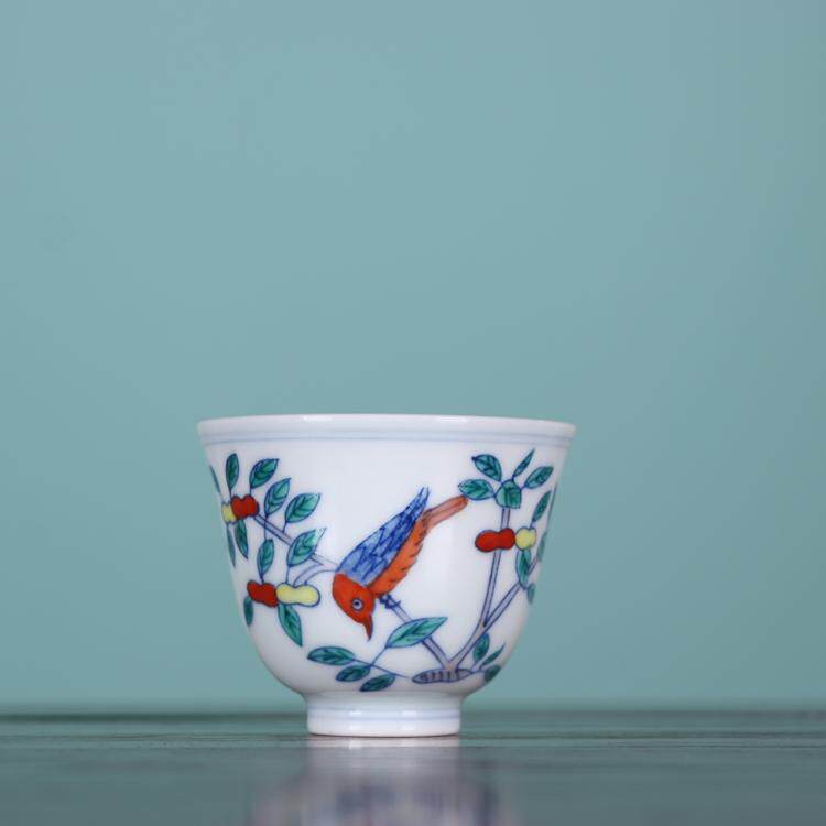 成化青花斗彩手绘花鸟纹茶杯闻香杯景德镇古玩古董陶瓷器仿古茶具