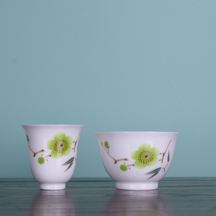 景德镇红旗瓷厂釉下彩薄胎绿梅茶杯古玩瓷器仿古老货陶瓷器收藏品