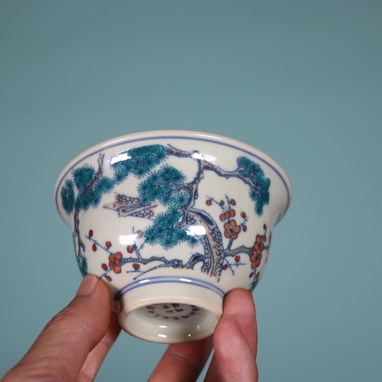 景德镇红旗瓷厂黄稀土青花斗彩松竹梅压手杯茶杯古玩董陶瓷器收藏