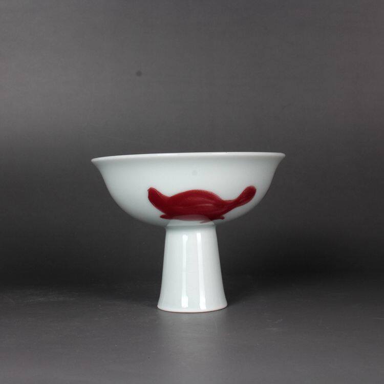 明宣德青花釉里红三鱼夔龙高脚杯景德镇古董古玩仿古陶瓷器收藏品