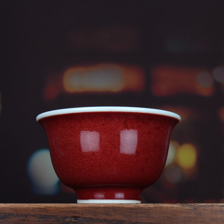 明永乐祭红釉青花压手杯主人杯茶杯景德镇仿古玩古董陶瓷器收藏品