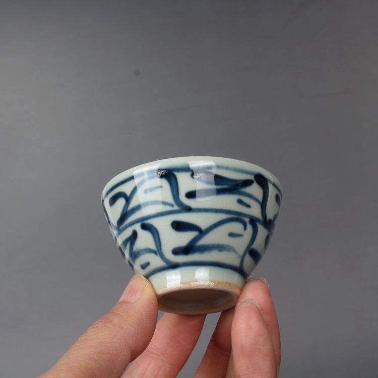 复古青花手绘刀纹小号茶杯晚清民国民窑景德镇古玩瓷器岩茶茶具